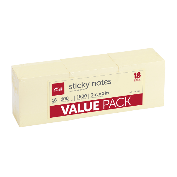 Sticky Notes Value Pack, 3" X 3", Yellow, 100 Sheets Per Pad, Pack Of 18 Pads