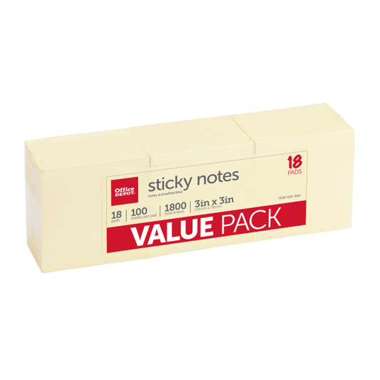 Sticky Notes Value Pack, 3" X 3", Yellow, 100 Sheets Per Pad, Pack Of 18 Pads