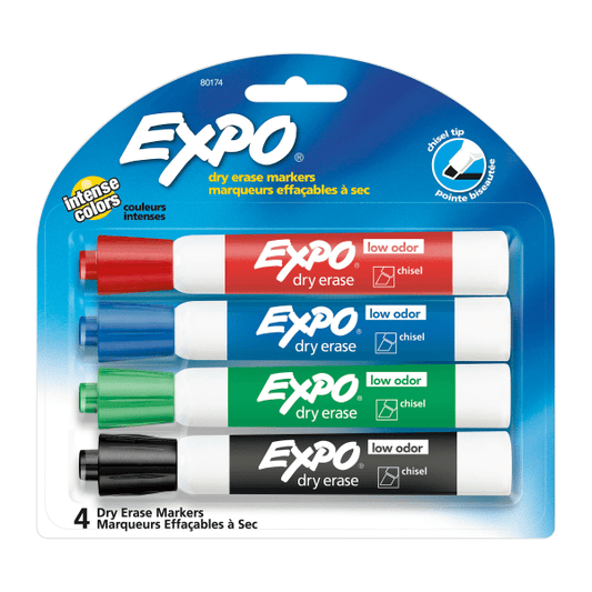 EXPO Low-Odor Dry Erase Markers, Chisel Tip, Assorted Colors,