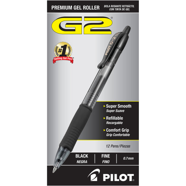 Pilot G-2 Retractable Gel Pens, Fine Point, 0.7 Mm, Black 12 Pack