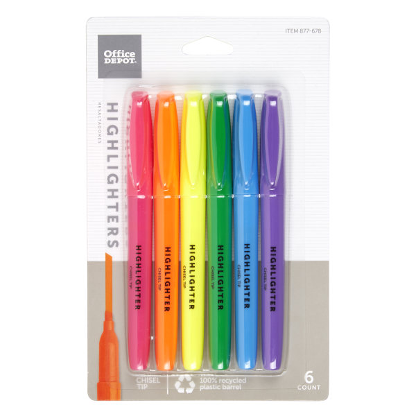 Pen-Style Highlighters, 100% Recycled, Assorted Colors, Pack Of 6 Highlighters