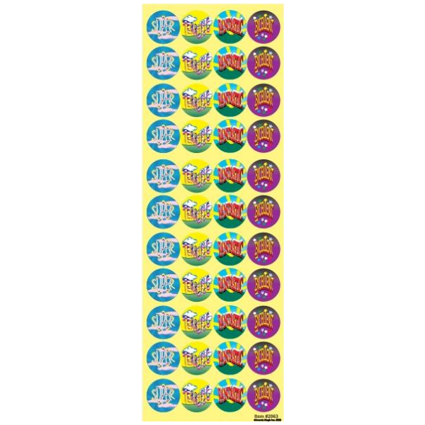 “Super, Terrific, Fantastic, Excellent” Animated Circle Stickers 6 Sheet per pack