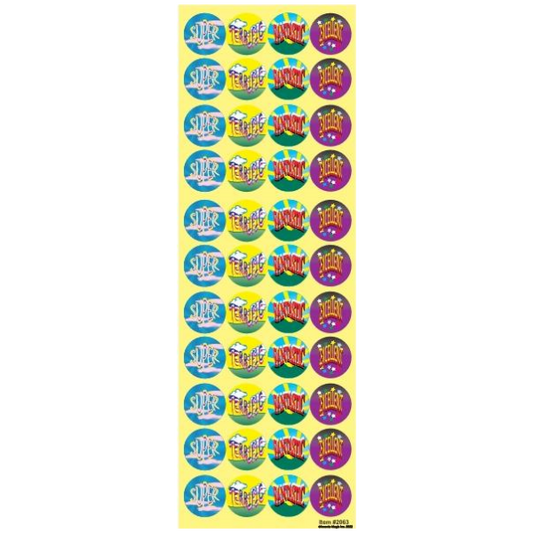 “Super, Terrific, Fantastic, Excellent” Animated Circle Stickers 6 Sheet per pack