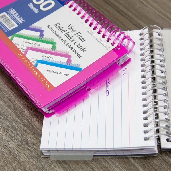 Ruled White Index Card, View Poly Spiral Bound w/ 2-Tab Divider 3" x 5" 50 Ct. Color May Vary