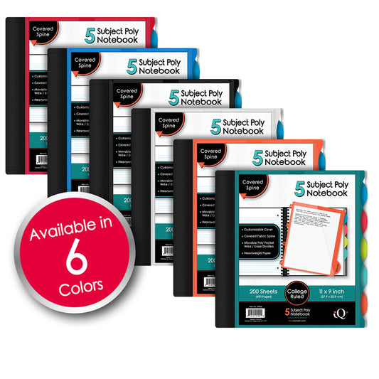 IQ+ Premium 5 Subject Spiral Notebooks, 11″ X 9″, College Ruled Color may vary