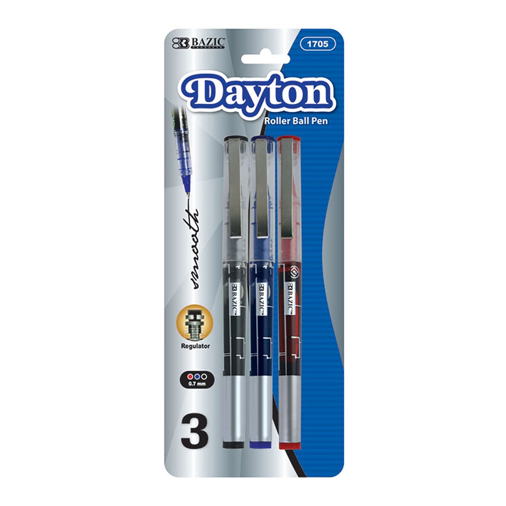 Dayton Assorted Color Rollerball Pen w/ Metal Clip 3 Pack