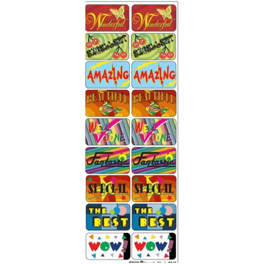 “Amazing, Excellent, Well Done, Fantastic, Wow, The Best” Colorful Square Stickers 6-Sheet pack
